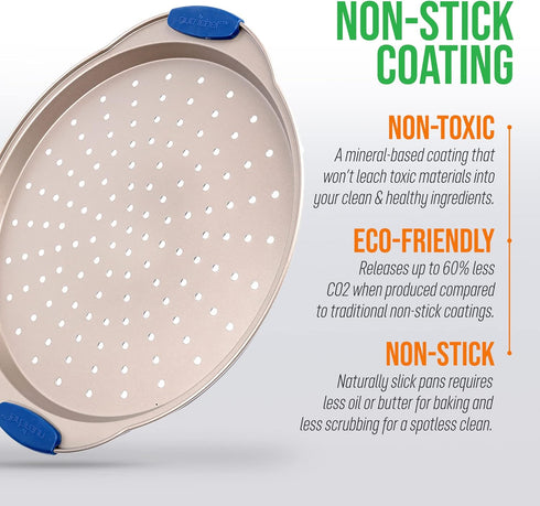 NutriChef 13-Inch Non-Stick Pizza Tray with Silicone Handle, Round Steel Pan with Perforated Holes, Champagne Gold