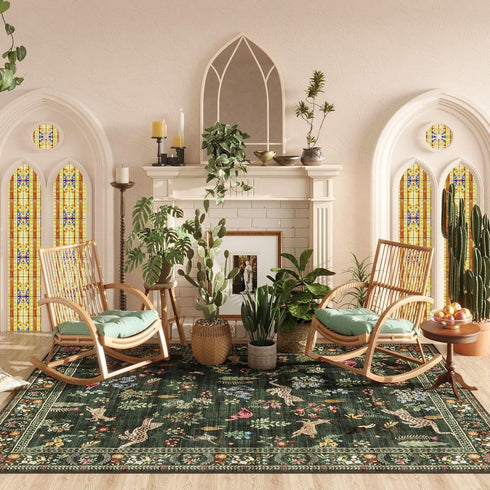 5x7 Rugcomf Living Room Rug Rug Machine Washable Boho Area Rug Non Slip Floral Animal Vintage Low Pile Large Rugs