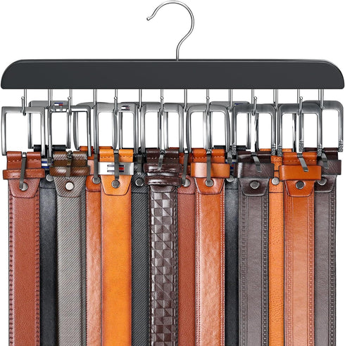 Belt Hanger for Closet, Max 42 Belts, Sturdy Wood Rack with 14 Hooks, Black, 1 Pack