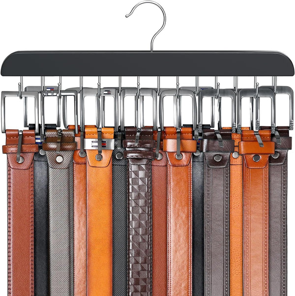 Belt Hanger for Closet, Max 42 Belts, Sturdy Wood Rack with 14 Hooks, Black, 1 Pack