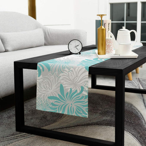 Aqua Chrysanthemum Flowers Table Runner, Cotton Linen 13x90inches, Floral Grey Tablerunner for Kitchen, Dining, Living