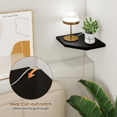 Set 2 8.5in Fun Memories Corner Shelf Wall Mount of - Solid Oak Wood Floating Corner Shelf with Cable Hole, Rustic