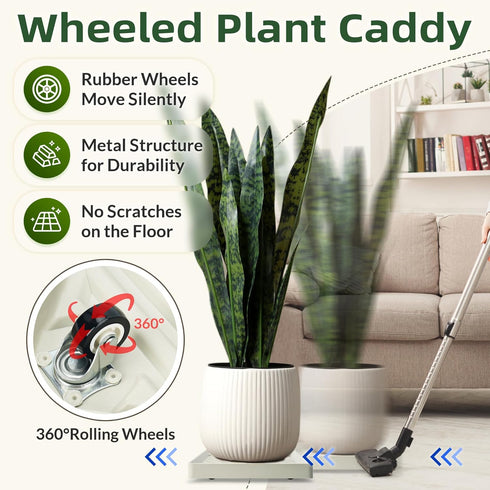 2PCS 11 inches REDHUGO Square Plant Caddy with Hidden Wheels, Heavy Duty Rolling Plant Stand Caddy with Wheels, Pot