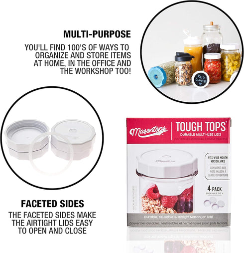 Masontops Tough Tops, Ball Wide Mouth Mason Jar Lids, BPA-Free White Plastic Leakproof