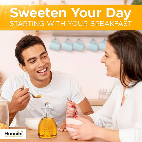 Hunnibi Handmade Honey Jar with Dipper, Glass Made Honey Dipper and Honey Pot - Honey Dispenser