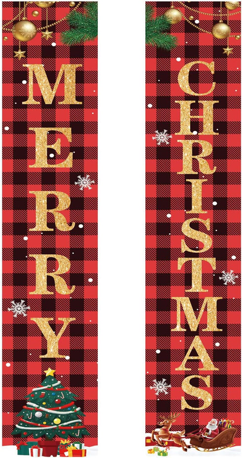 Christmas Decorations Merry Christmas Banner Decor, Happy New Year Plaid Porch Sign for Home Front Door Holiday Party