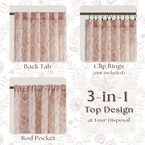 96 Inch 2 Set Pink Linen Floral Curtains Panel for Living Room Semi Sheer Light Filtering Window Curtains Blush Flower