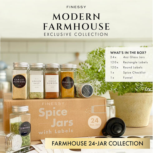 24 Pack Set, 4oz FINESSY Glass Spice Jars with Labels with Metal Lids and Shakers Small Empty Air Tight Spice