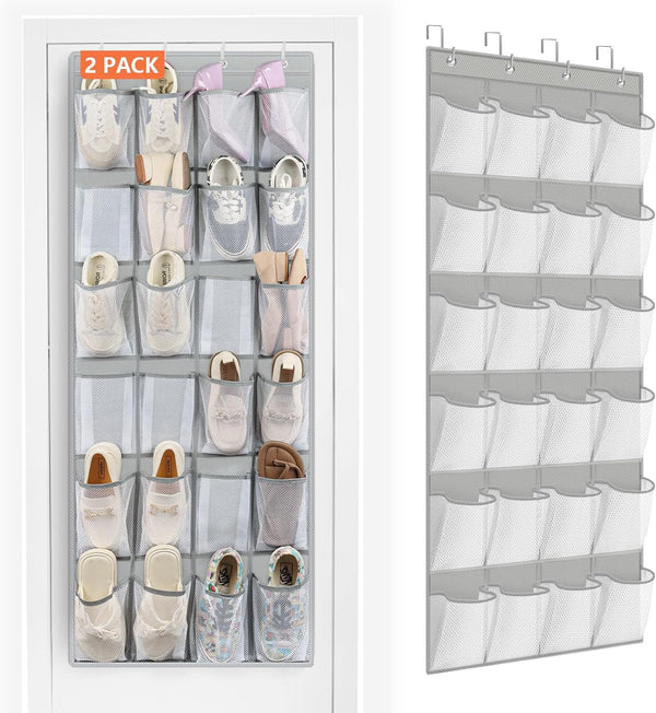 FENTEC 2 Pack Over the Door Shoe Organizer | Hanging Shoe Storage with 24 Pockets, Space Saving Gray Mesh