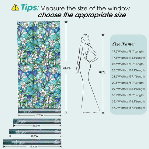 Coavas Decorative Window Privacy Film, Heat Control Sun Blocking Stained Glass Window Film, Floral Design Static Cling