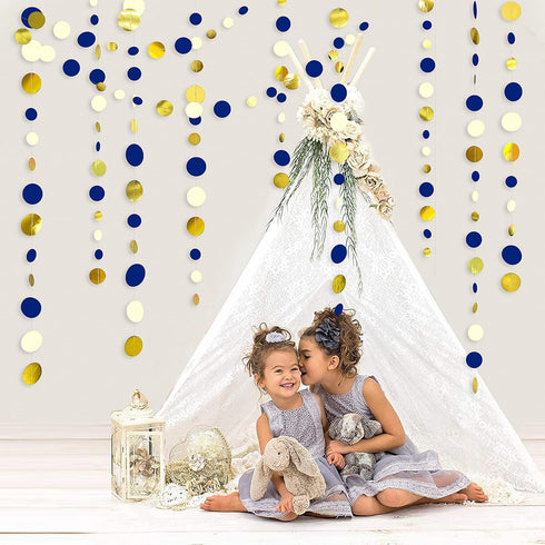 46 Ft Navy Blue and Gold Circle Dots Garland, Royal Blue Hanging Paper Polka Dot Streamer for Party Decorations