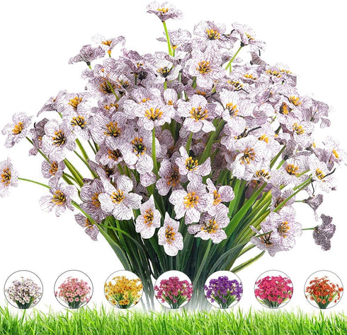 Artificial Outdoor Flowers, 8 Bundles UV Resistant Plastic Faux Violet Flowers for Garden Porch Window Box Decoration