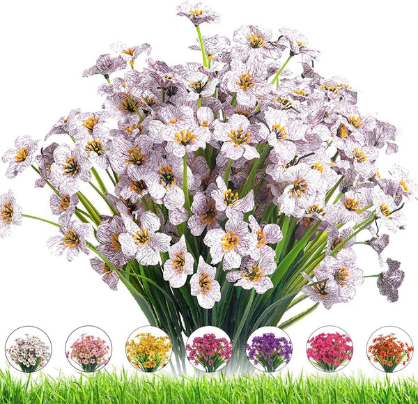 Artificial Outdoor Flowers, 8 Bundles UV Resistant Plastic Faux Violet Flowers for Garden Porch Window Box Decoration