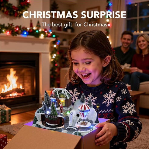 MerryPulse 8 Christmas Village House with Train, Christmas Songs & LED Lights, Collectible Buildings for Holiday Home