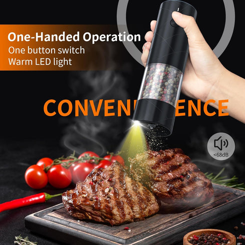 Electric Salt and Pepper Grinder, USB Rechargeable with Warm LED Light, Adjustable Coarseness, Large Capacity, Black