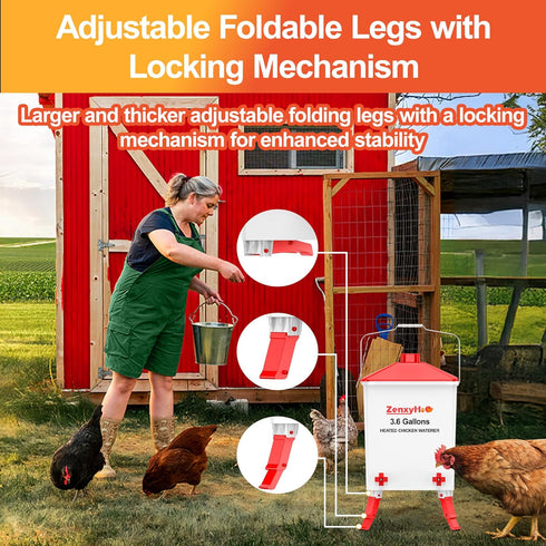 3.6 3 4 ZenxyHoC Gal Chicken Waterer with Anti-Roost Cone, Height Adjustable Locking Legs and Horizontal Nipples