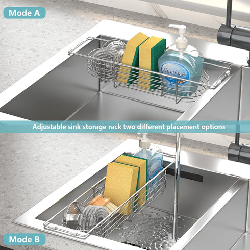 Ahonnpely 13.4" 17.1", Sink Caddy Sponge Holder Kitchen Sink Organizer, Telescopic sink organizer rack for kitchen
