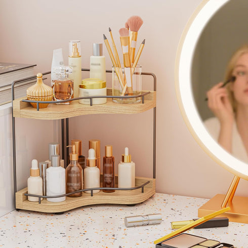 Aollewoiti 2-Tier Counter Countertop Corner Bathroom Organizer with Embedded Screw Holes, Secure & Stable Wood Vanity