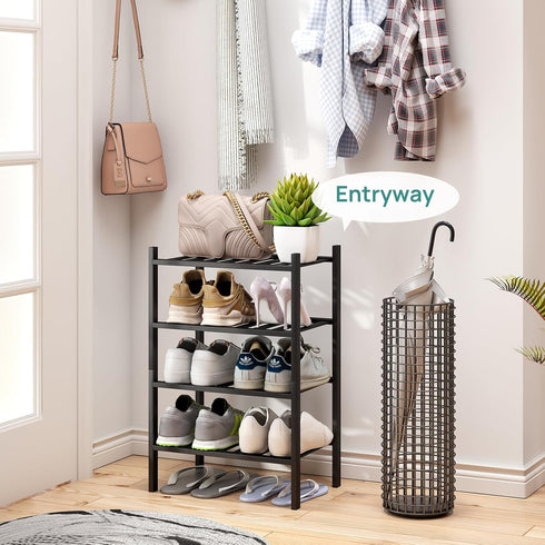 4-Tier Closet, viewcare Black Small Shoe Rack for Entryway, Bamboo Shoe Organizer for Hallway Free Standing Shoe Racks