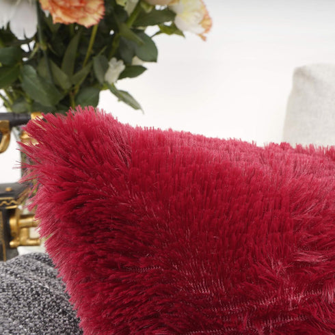 YOUR SMILE Pack of 2 Christmas Decorative New Luxury Series Merino Style Faux Fur Throw Pillow Case 18" x 18" (Burgundy