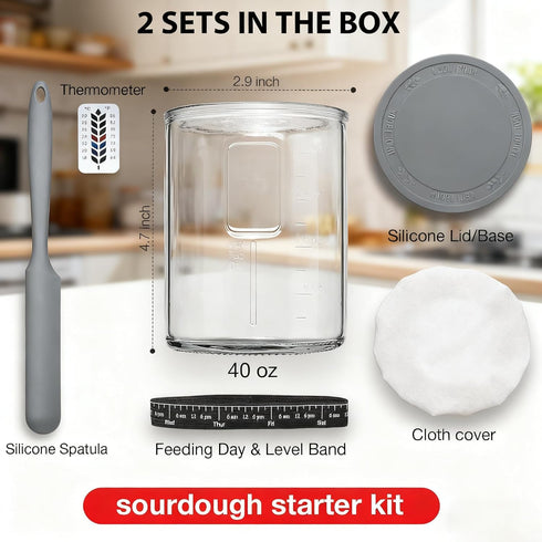 2 Pack 40oz Premium Pro Sourdough Starter Jar Kit - Large Wide Mouth Sourdough Bread Jar with Marked Feeding Band