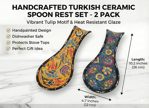 Set 2-9" 100% Handcrafted Turkish Ceramic Spoon Rest of Large Spoon Holder for Stove Top - Lead-Free & Heat Resistant
