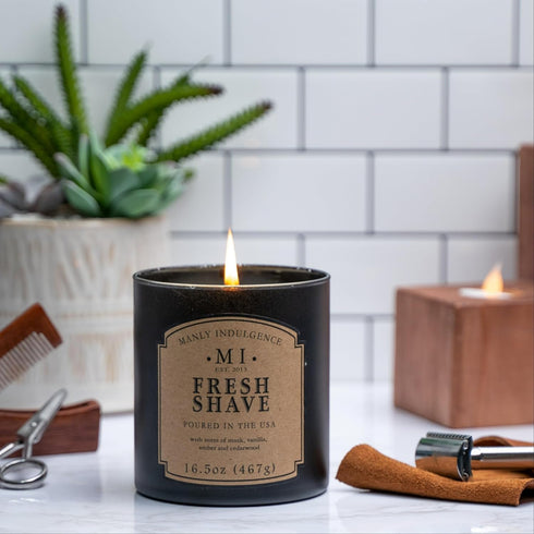 16.5 oz 60 Manly Indulgence Fresh Shave Jar Candle - Musk, Vanilla & Bergamot - Woodsy Amber & Cedarwood - Up to Hour