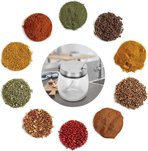 Set of 3 Glass Seasoning Bottles with Lids, Stainless Steel Serving Spoons, Base Rack and Labels - only fire Condiment