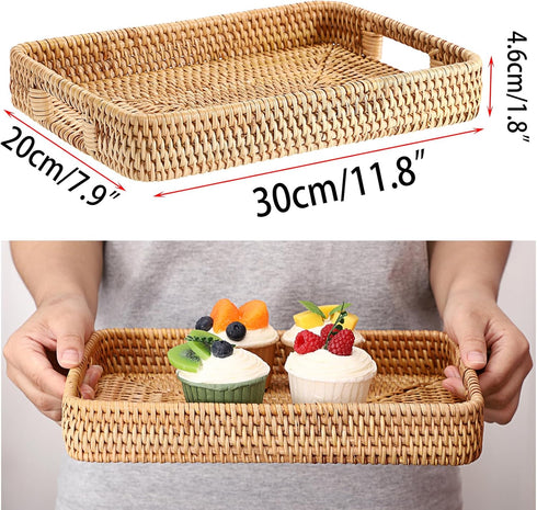 Hipiwe 11.8x7.9x1.8inch Rattan Serving Tray Hand Woven Tray with Handles Rattan Rectangular Basket Trays for Storage