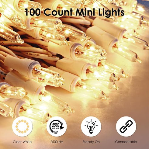 2Pack 100 Count LEH-100L/2F(0.34A) Meteds Christmas Lights Clear Mini Lights White Wire ULCertified Connectable
