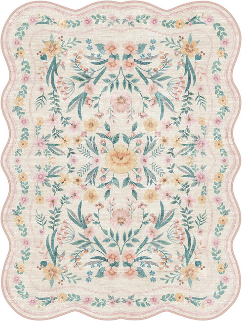 5X7 Pink Floral Rug for Girls Bedroom or Nursery, Scalloped Washable Non-Slip Area Rug, Cute Soft Boho Carpet for Kids