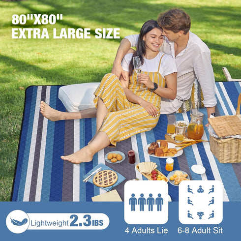 80"x80" 3-Layer Picnic Blankets Outdoor Extra Large - Waterproof Beach Blanket, Machine Washable Foldable Park Mat