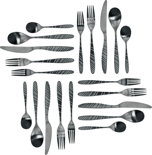 MegaChef La Vague 20 Piece Flatware Utensil Set, Stainless Steel Silverware Metal Service for 4 in Matte Black