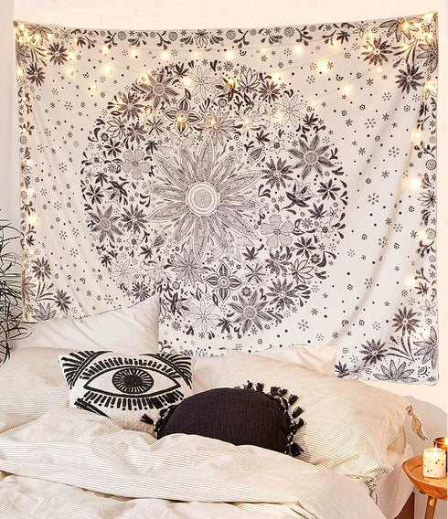 Neasow Bohemian Tapestry Wall Hanging, Beige White Floral Tapestry, 60×80 inches, Boho Hippie Home Decor