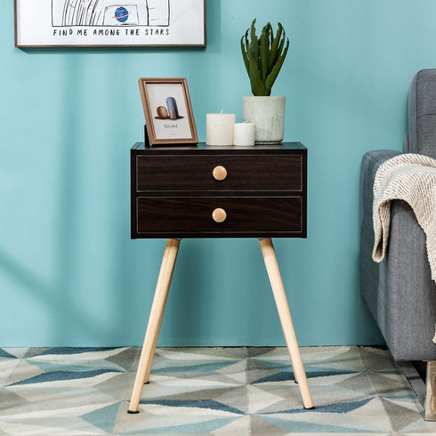 2-Drawer 4 Giantex Mid Century Modern Nightstand, Bedside Tables with Solid Wood Legs, Night Stand for Small Spaces
