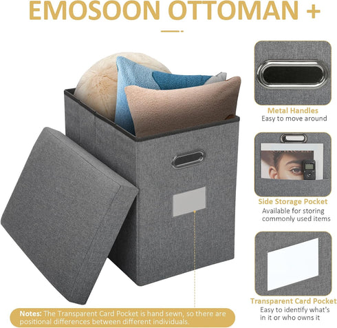 Emosoon 16.5x16.5x11.8in Tall Ottoman with Storage Collapsible Fabric Small Slim Folding Ottoman Furniture with Handles