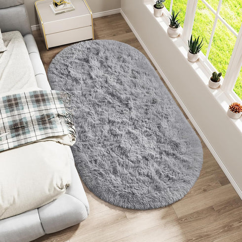 LOCHAS Fluffy Bedroom Rug, 2.6' x 5.3', Shaggy Area Rug for Bedroom Bedside, Soft Oval Throw Rugs for Living Room Kids