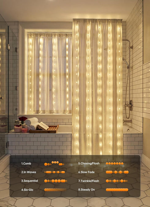 180 70 Inch 8 Brightown LED Shower Curtain Lights, Warm White Fairy Lights Battery Operated String Lights, Modes