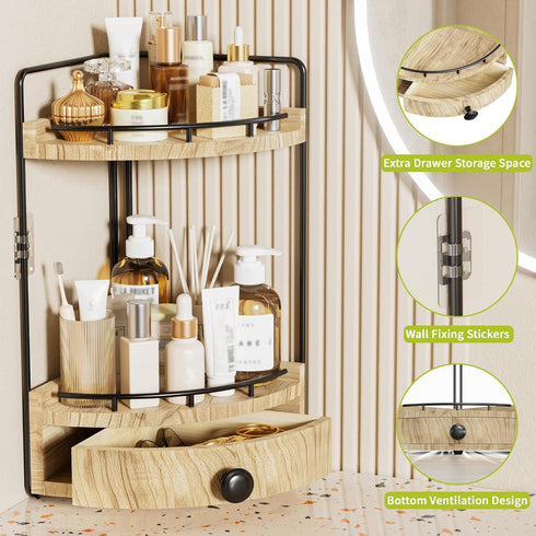 Aollewoiti 2-Tier Counter Countertop Counter Corner Bathroom Organizer with Drawer & Embedded Screw Holes - Wooden