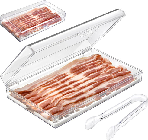Bacon Keeper Storage Container with Tong, Deli Meat Storage Container with Perforated Tray for Freshness, Clear Durable