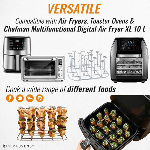 INFRAOVENS Air Fryer Rack for Chefman Multifunctional Digital Air Fryer XL 10 L, Stainless Steel Accessories for RJ38-1 Airfryer Skewer Stand and Rib BBQ Rack with Silicone Liner by INFRAOVENS