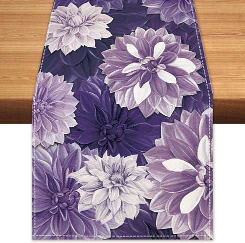 Purple Dahlia Flower Spring Table Runner Purple Gray Burlap Table Runners, Summer