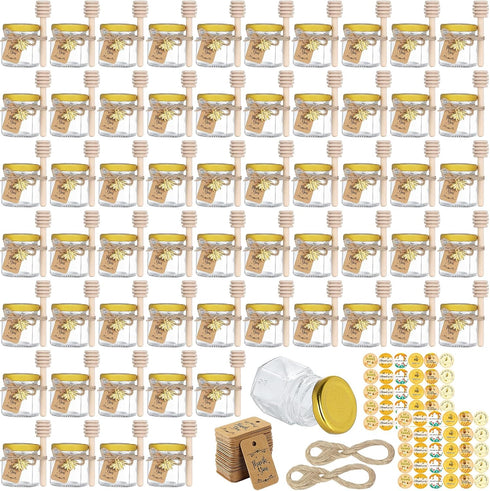 CRTWDMAN 60 Pack Mini Honey Jars/Pot Metal Lids,1.5 oz Glass,Wooden Dippers,Bee Charms,Jutes,Stickers,Small,Tiny,