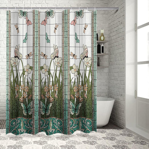 Extra Long Flower Dragonfly Waterproof Bathroom Fabric Shower Curtain 84 inch Bath Curtain