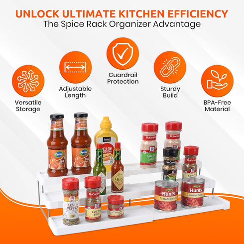 3 Tier Spice Rack Organizer - Expandable 3-Level Seasoning & Spice Organization for Cabinet, Pantry, Kitchen Countertop - Adjustable Length with Sturdy Metal Frame - White by OMAIA