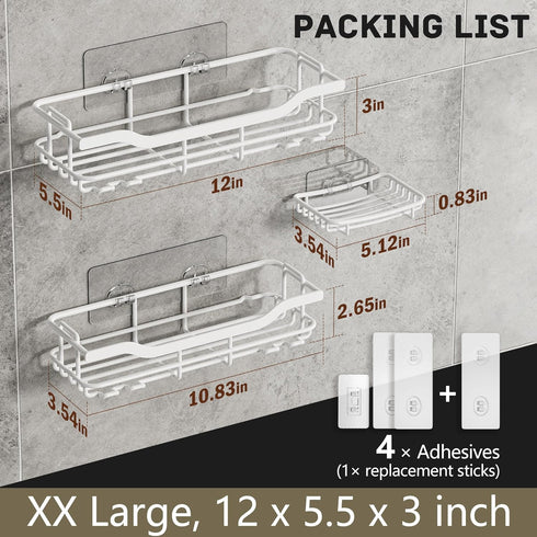 OMAIRA Shower Caddy 3-Pack, Rustproof Adhesive Organizer with Soap Holder, No Drilling Shower Shelves, White