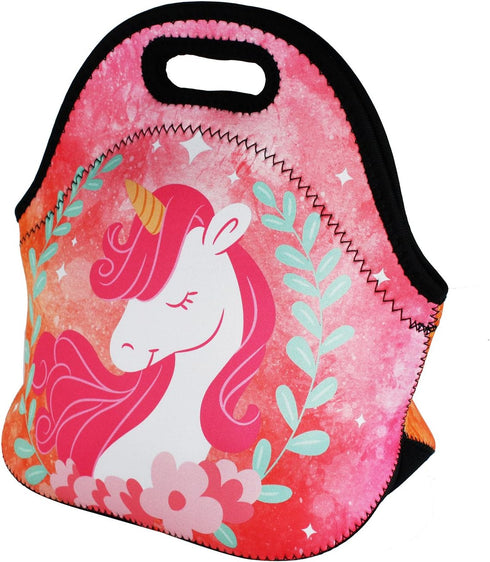 Violet Mist Cute Unicorn Neoprene Lunch Bag, Pink Reusable Insulated Lunch Box with Zipper for Work Gifts