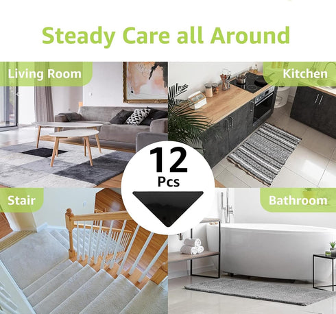 Rabenda 12 Pcs Rug Tape - Non Slip Grippers for Hardwood Floors and Tiles, Reusable Carpet Tape