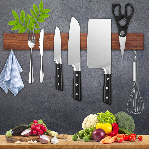 Magnetic Knife Holder for Wall, 16 Inch Walnut Wood Knife Strip with 2 Hooks, Extra Strong Magnet