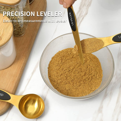 Magnetic Measuring Spoons Set, Stainless Steel, Dual Sided, Stackable, Set of 8 (Gold)